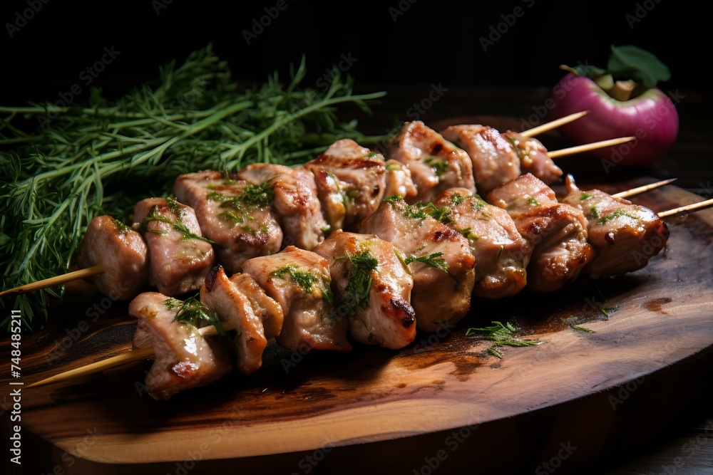 Uncooked Pork skewers raw. Cooking onion beef. Generate Ai