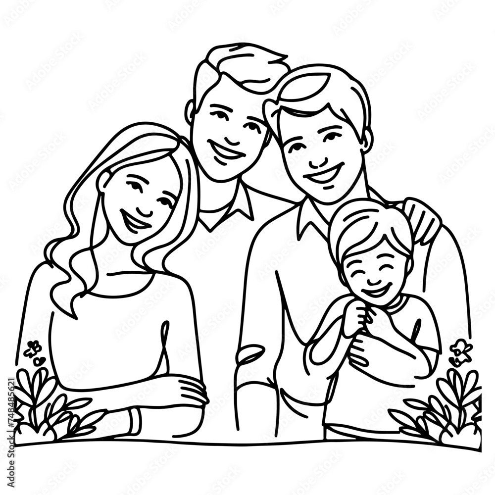 Continuous one black line art drawing happy family father and mother with child doodles style vector illustration on white