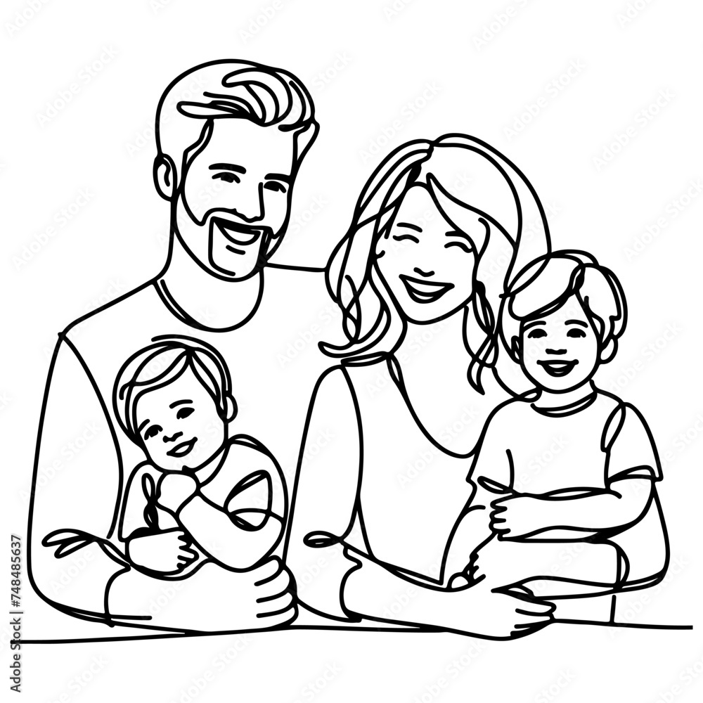 Continuous one black line art drawing happy family father and mother with child doodles style vector illustration on white Continuous one black line art drawing happy family father and mother with child doodles style vector illustration on white