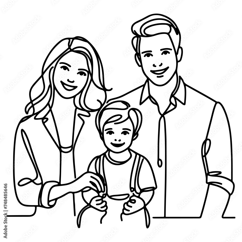 Continuous one black line art drawing happy family father and mother with child doodles style vector illustration on white Continuous one black line art drawing happy family father and mother with child doodles style vector illustration on white