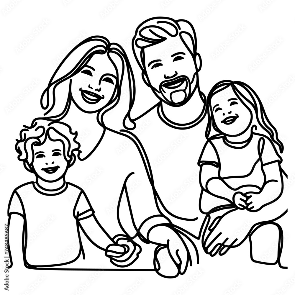 Continuous one black line art drawing happy family father and mother with child doodles style vector illustration on white Continuous one black line art drawing happy family father and mother with child doodles style vector illustration on white