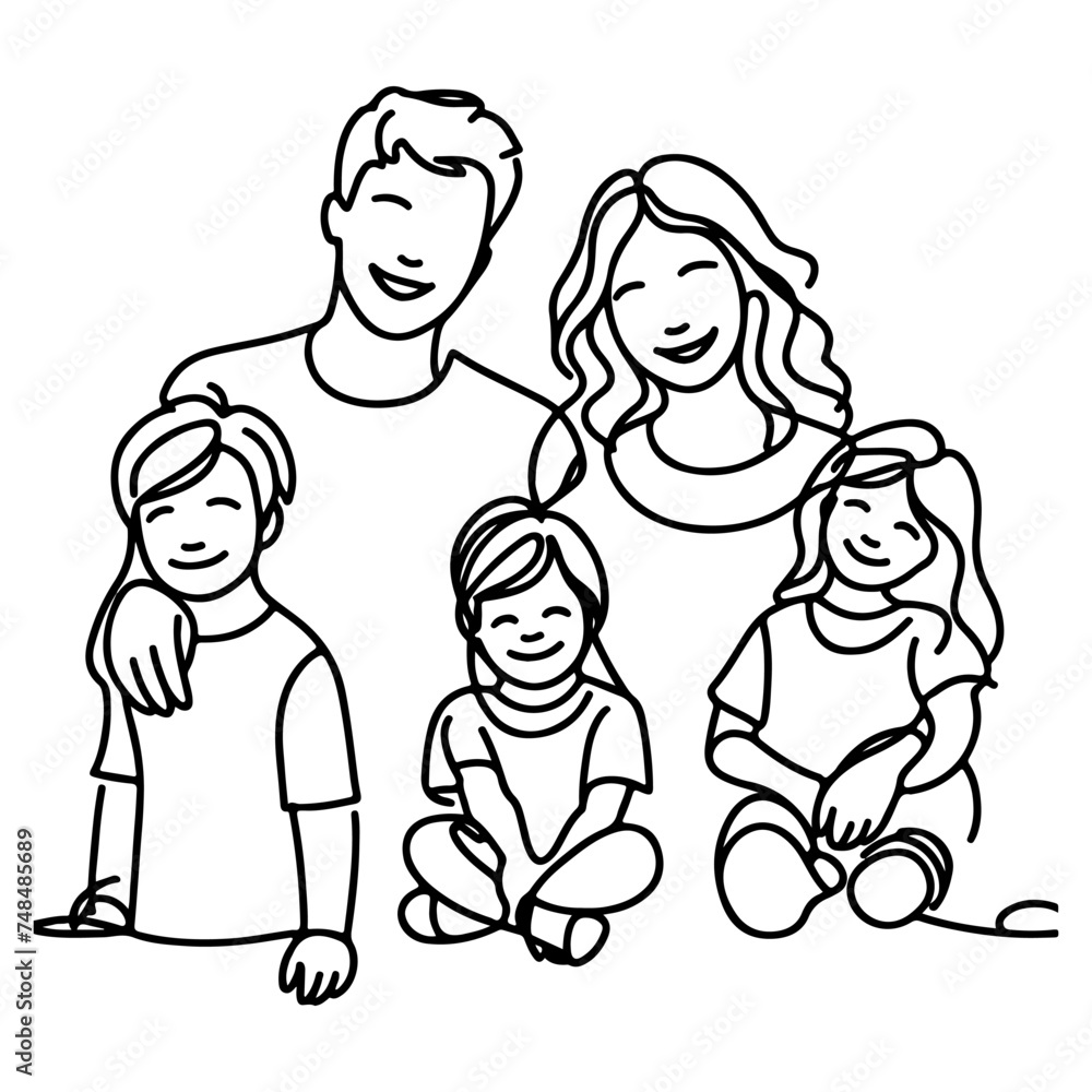 Continuous one black line art drawing happy family father and mother with child doodles style vector illustration on white Continuous one black line art drawing happy family father and mother with child doodles style vector illustration on white