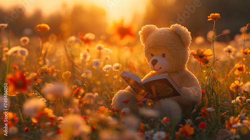 A teddy bear a book in a beautiful meadow with flowers at sunset