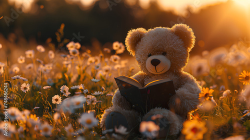 A teddy bear a book in a beautiful meadow with flowers at sunset