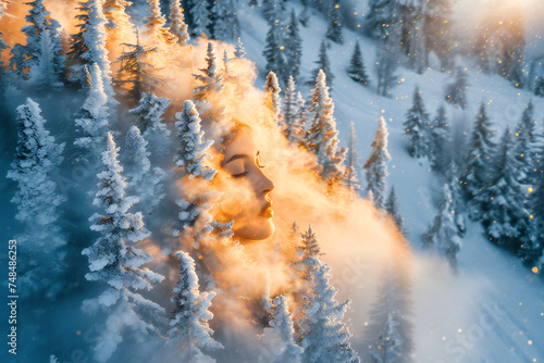 A Winter Wonderland at Sunrise, Snow-Covered Trees and Mountains Under a Pink Sky