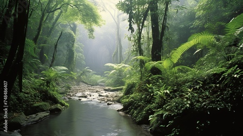 The tropical rainforest is green and beautiful on a sunny morning with fog still surrounding the forest.