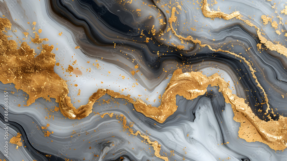 Merge the fluidity of ink with the opulence of gold in a marble background. Combine flowing ink patterns with metallic gold acce