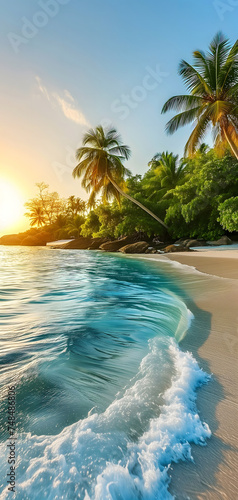 tropical beach view at sunset or sunrise with white sand, turquoise water and palm trees. Neural network generated image. Not based on any actual scene or pattern.