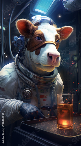 A cow astronaut in a space helmet gently touches a glass of beverage inside a spacecraft with cosmic background.