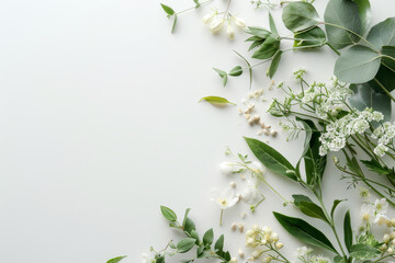 Serene White Flowers and Green Leaves on Minimalist Background
