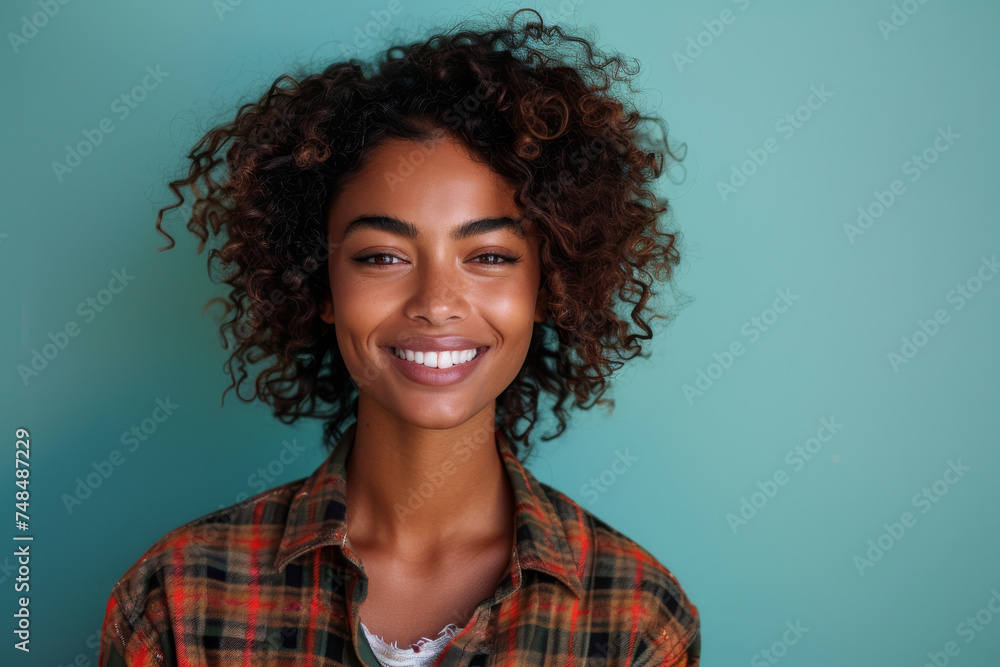 Obraz premium Radiant Young Woman with Curly Hair Smiling Against Teal Background