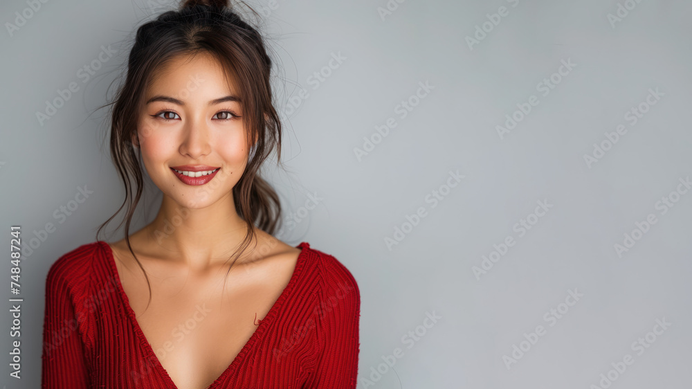 Asian woman in red halter V-Neck smiling isolated on gray Asian woman in red halter V-Neck smiling isolated on gray