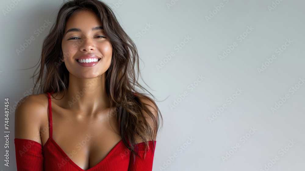 Fototapeta premium Indian woman in red halter V-Neck smiling isolated on grey