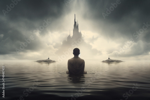 States of mind, psychology, culture and religion concept. Human silhouette sitting in meditation pose in surreal and mystical world background