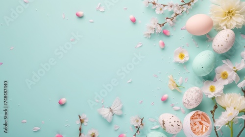 Easter eggs, flowers, paper blank on pastel blue background