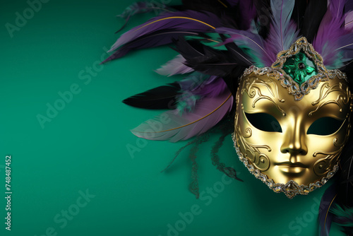 Carnival mask on green background, Mardi Gras carnival party banner, empty space fot text