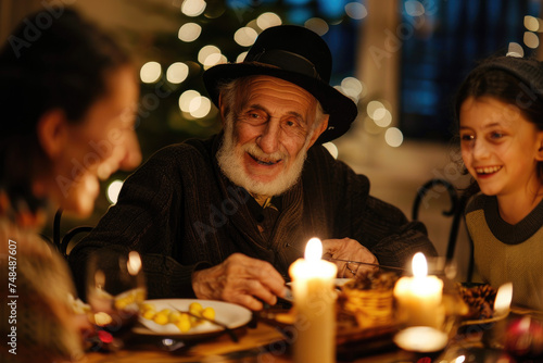 Happy Jewish senior man celebrates Hanukkah with his family at dining table