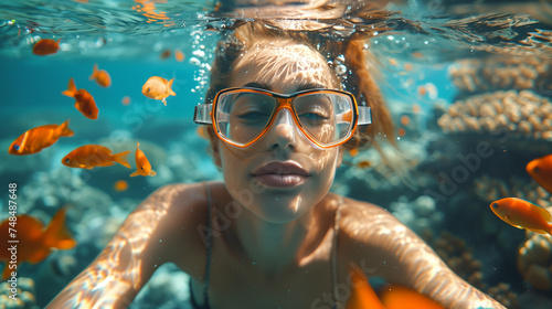 woman snorkeling underwater with fish in the coral reef sea pool. Travel lifestyle, watersport adventure, swim activity on a summer beach holiday in Thailand
