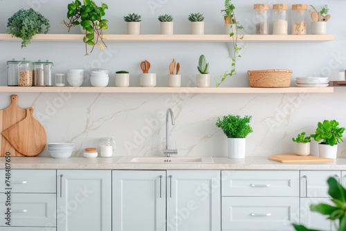 Scandinavian-style kitchen with pastel cabinetry, floating wooden shelves adorned with plants and kitchen essentials against a marble backsplash. photo