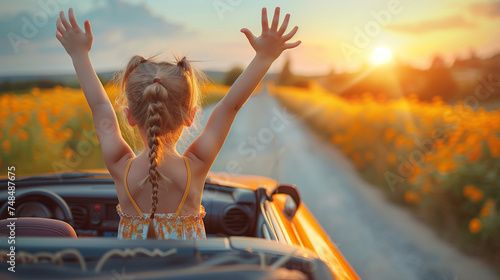 happy child girl goes to a summer travel trip in the car,, kid with hands up at sunset