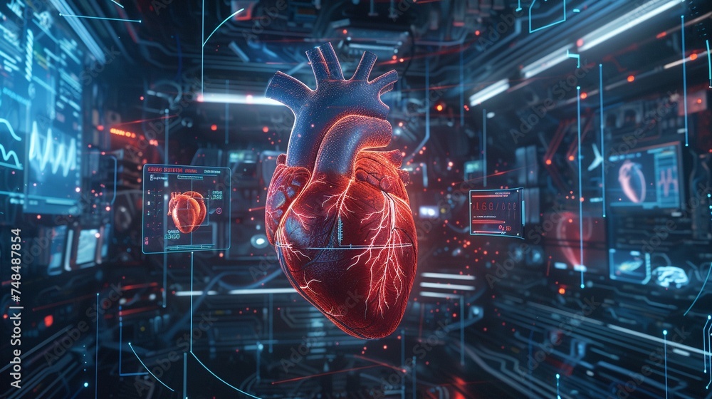 a hyper-realistic human heart suspended in mid-air and various health metrics