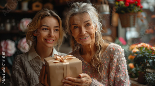 Happy Mother's day! adult daughter gives a gift and congratulates an elderly mother, senior mam