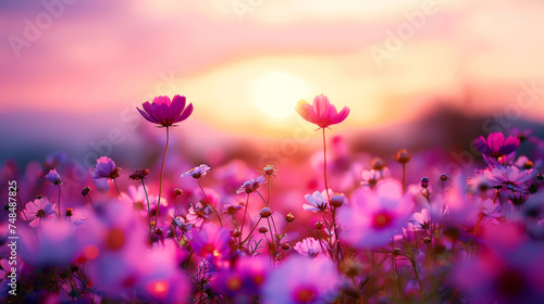 meadow of wild pink daisy flowers in the field at sunset background, summer flower landscape