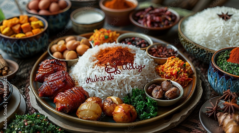 A traditional Eid feast spread out on a table, with 