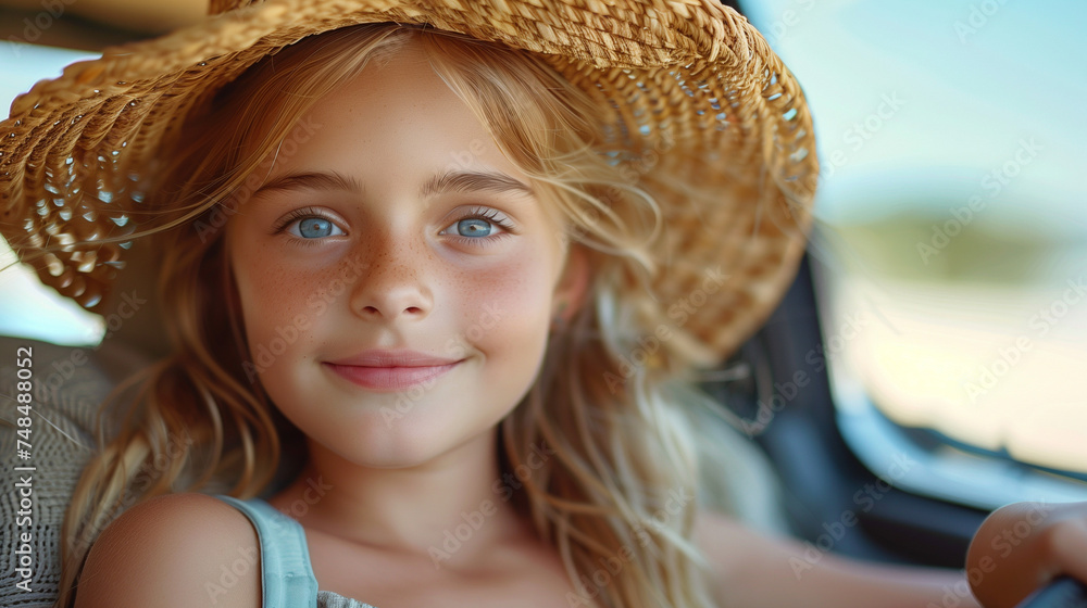 happy child girl goes to a summer travel trip in the car,, kid with a summer hat