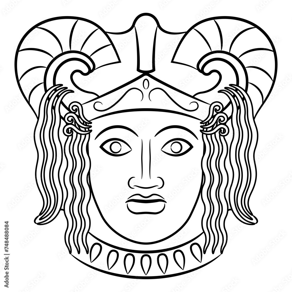 Antique mask. Head of a warrior woman or goddess wearing helmet. Black and white linear silhouette.