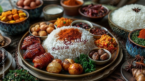 A traditional Eid feast spread out on a table, with "Eid Mubarak" written in colorful spices atop a bed of white rice