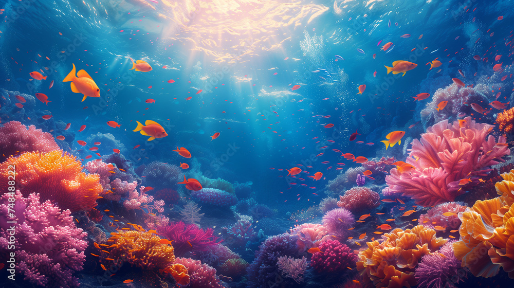 underwater with fishes in the coral reef sea pool. Travel lifestyle, watersport adventure, swim activity on a summer beach holiday in Thailand underwater with fishes in the coral reef sea pool. Travel lifestyle, watersport adventure, swim activity on a summer beach holiday in Thailand
