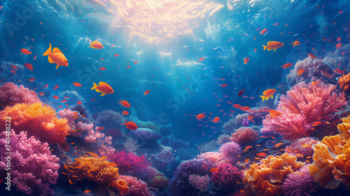 underwater with fishes in the coral reef sea pool. Travel lifestyle, watersport adventure, swim activity on a summer beach holiday in Thailand photo