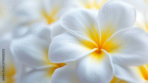 Background pattern close up of tropical white and yellow frangipani flowers.