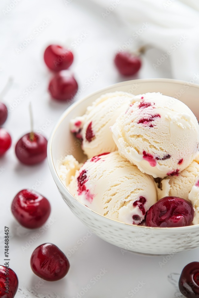 Scoops of Vanilla Ice Cream With Fresh Red Cherries in a White Bowl Scoops of Vanilla Ice Cream With Fresh Red Cherries in a White Bowl