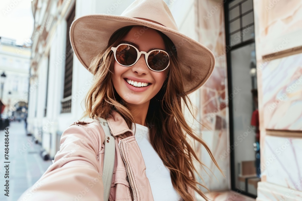 Young Woman in Stylish Hat Taking a Selfie on a Sunny City Street Young Woman in Stylish Hat Taking a Selfie on a Sunny City Street