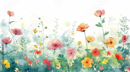 Watercolor Meadow with Blooming Wildflowers © artem