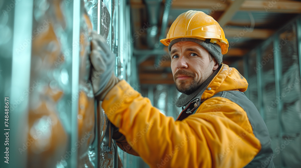 worker insulates the walls with mineral wool worker insulates the walls with mineral wool