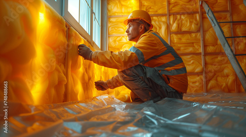 house wall insulation. construction worker installing glass wool,worker insulates the walls with mineral wool photo