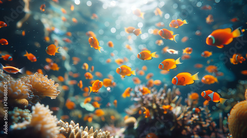 dive underwater with Nemo fishes in the coral reef sea pool. Travel lifestyle, watersport adventure, swim activity on a summer beach holiday in Thailand photo