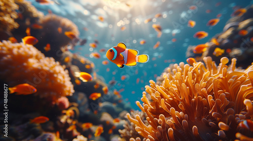 Nemo fishes in the coral reef sea pool. Travel lifestyle, watersport adventure, swim activity on a summer beach holiday in Thailand