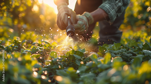 close up of a Farmer spraying herbicides, pesticides, or insecticides on vegetable green plants with protective clothes and gloves photo