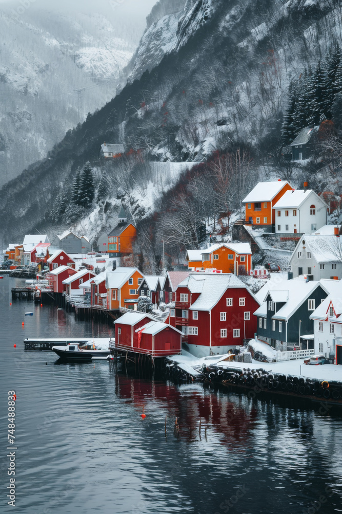 A village in a winter with red roofs surrounded by the water.