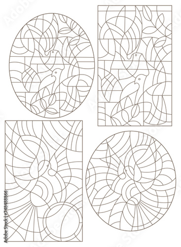 Set of contour illustrations of stained glass Windows with abstract doves , dark contours on a white background