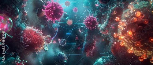 3D-rendered viruses and cells floating in a dark, with holographic data and molecular structures