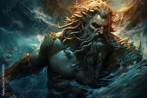 Mythical Poseidon greek god. Sea trident stone. Generate Ai © juliars