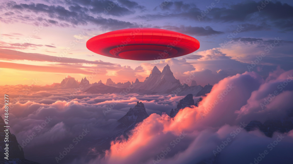 A red flying saucer over the clouds. A red flying saucer over the clouds.