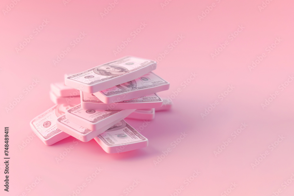 Fototapeta premium Stack of money on pastel background. 3d minimal banknote currency. Business, finance, savings, bank, finance investment concept. Stack of dollar bills, cash, paper money, salary, bonus