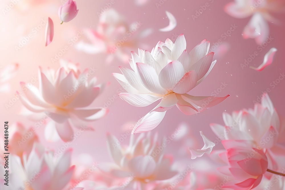 a flying big white falling flower art, wedding romantic bloom lotus nature celebration background, decoration pastel pink holiday creative valentine birthday background