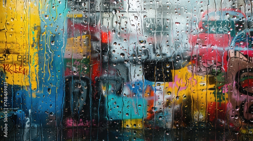 Raindrops on Window with Colorful Graffiti Raindrops on Window with Colorful Graffiti